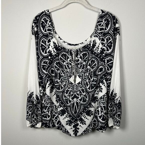Alice + Olivia Black & White Naya Print Key Hole Neck Blouse Womens Small - Picture 2 of 10